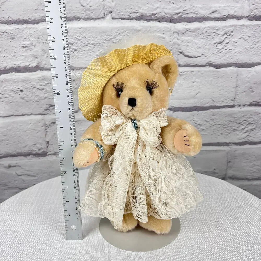 Country Cozy's Born to Shop Vintage 90s Jointed Bear Lace Dress Feather Hat 12